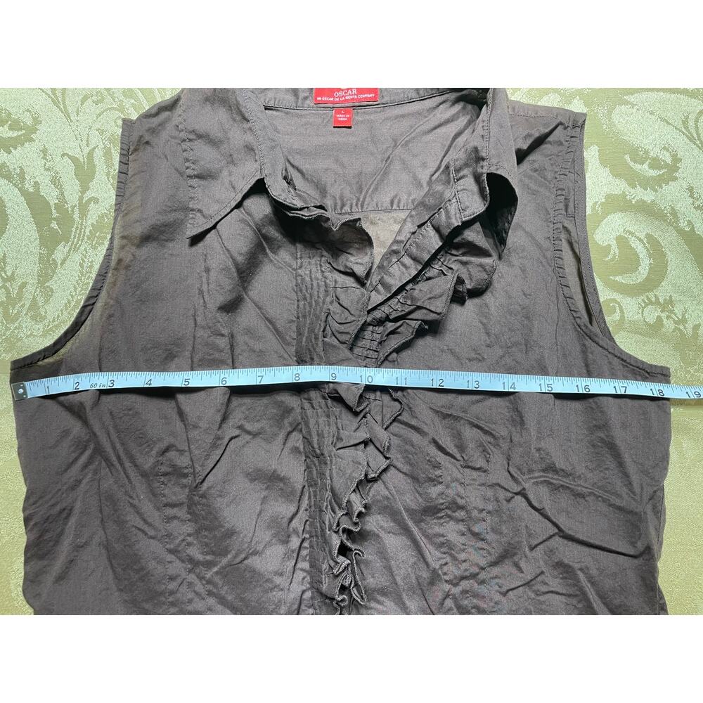 Oscar Oscar De La Renta Company Large Blouse Brown Sleeveless Ruffled Button Up - Picture 7 of 8